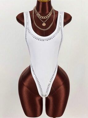 White Rhinestone Scoop Neck One-Piece Bodysuit